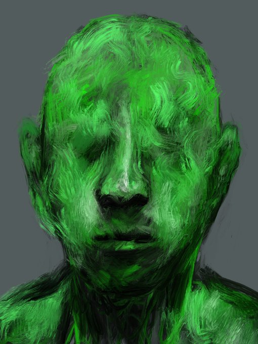 A digitally rendered portrait of a man bathed in vibrant green hues with a neutral gray background, conveying a striking, almost otherworldly aesthetic that fits the weekend vibes of a "Good Sunday" greeting.