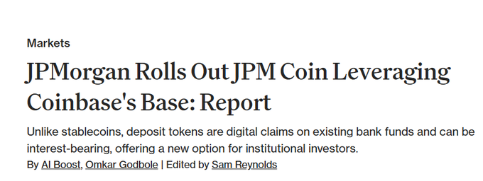 JPMorgan has launched JPM Coin, a deposit token reportedly leveraging Coinbase's Base blockchain, distinguishing it from stablecoins as a digital claim on existing bank funds that can be interest-bearing for institutional investors. The headline confirms the November 2025 rollout of $JPMD on Base, aligning with the post's claim that major institutions like JPMorgan and Mastercard are increasingly utilizing Base for real institutional money transfers.