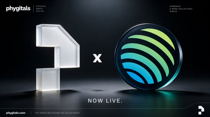 The promotional image showcases the collaboration between Phygitals and Jupiter Exchange, featuring the Phygitals logo alongside a glowing circular emblem, with text announcing "NOW LIVE" and branding Phygitals as "THE OPERATING SYSTEM FOR COLLECTIBLES" and "POWERING A MORE COLLECTIBLE WORLD." The dark, sleek design emphasizes the fusion of physical and digital collectibles, aligning with the announcement of their launch on Jupiter Exchange.