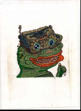 An illustration of a grotesque green monster character with multiple eyes, sharp teeth, and a sword-like object in a chaotic, detailed style.