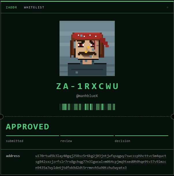 A digital interface showing 'ZADDR WHITELIST' with an approved status for address 'ZA-1RXCWU' (@manhblueX), featuring a pixel-art pirate avatar and a blockchain address string.
