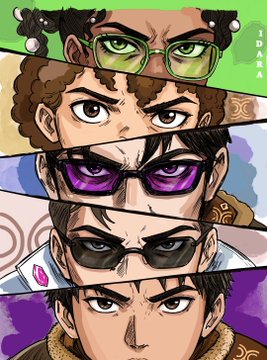 A stylized anime/manga illustration showing four characters stacked vertically, each wearing distinctive colored glasses (green, purple, and black).