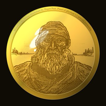 A gold commemorative coin featuring a detailed engraving of a bearded man in traditional headwear, with inscriptions including 'Dogen Poet' and references to a 'Library'.