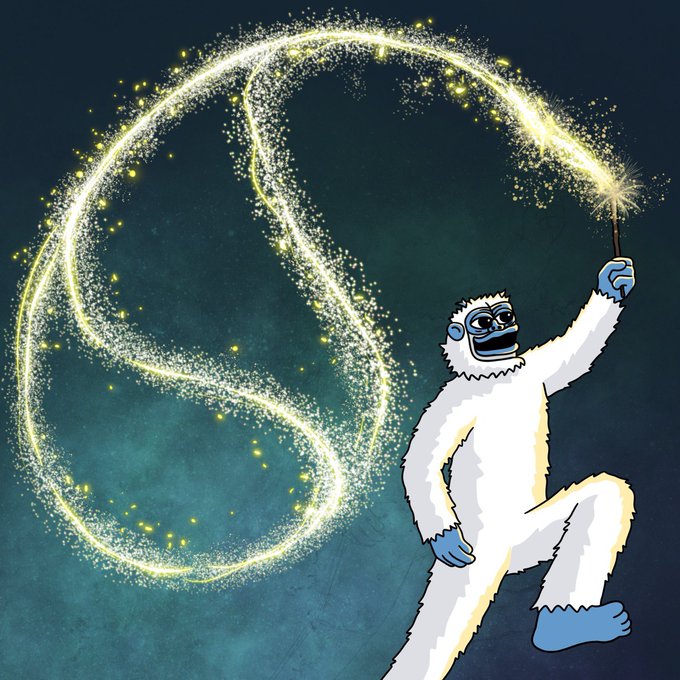 The image depicts Frosty the Snowman holding a sparkler that trails golden light into a swirling S-shaped pattern against a dark blue sky. The illustration connects to the post's celebration of $SUI by forming the token's logo shape with the sparkler's glow, alongside the playful 4th of July "Flurry" theme.