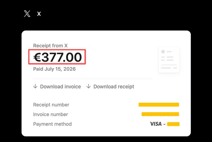 A digital payment receipt from X showing a payment of €377.00 dated July 15, 2026, paid via VISA, with download options for invoice and receipt.