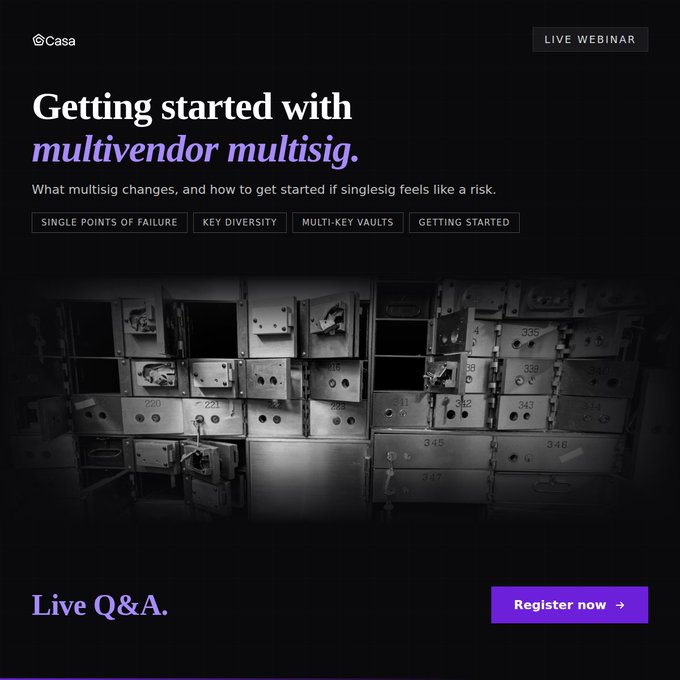 A promotional graphic for a Casa live webinar titled 'Getting started with multivendor multisig,' highlighting topics like single points of failure, key diversity, and multi-key vaults.