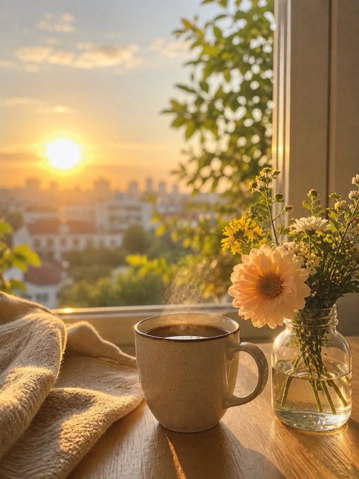 A cozy scene featuring a steaming mug of coffee on a wooden windowsill next to a glass vase with yellow flowers, overlooking a cityscape at sunset.