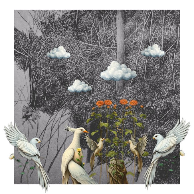 A mixed-media collage featuring white birds and flowers against a textured grayscale forest background with small white clouds floating above.