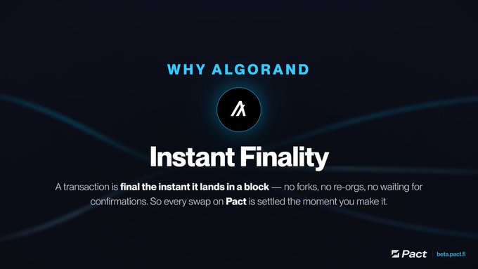 Dark blue promotional banner titled 'WHY ALGORAND' featuring the Algorand logo, explaining 'Instant Finality' for transactions on the Pact platform.