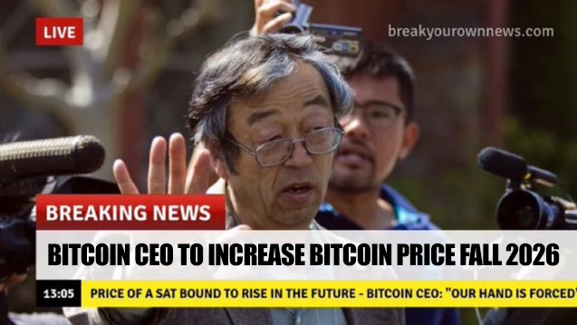 A satirical breaking news screenshot labeled 'breakyourownnews.com' shows a man with glasses speaking into microphones, with the headline 'BITCOIN CEO TO INCREASE BITCOIN PRICE FALL 2026' and ticker showing '13:05'.