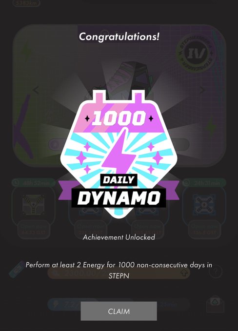 A STEPN app achievement screen displaying a 'Congratulations!' message for unlocking the '1000 DAILY DYNAMO' badge, with a claim button.