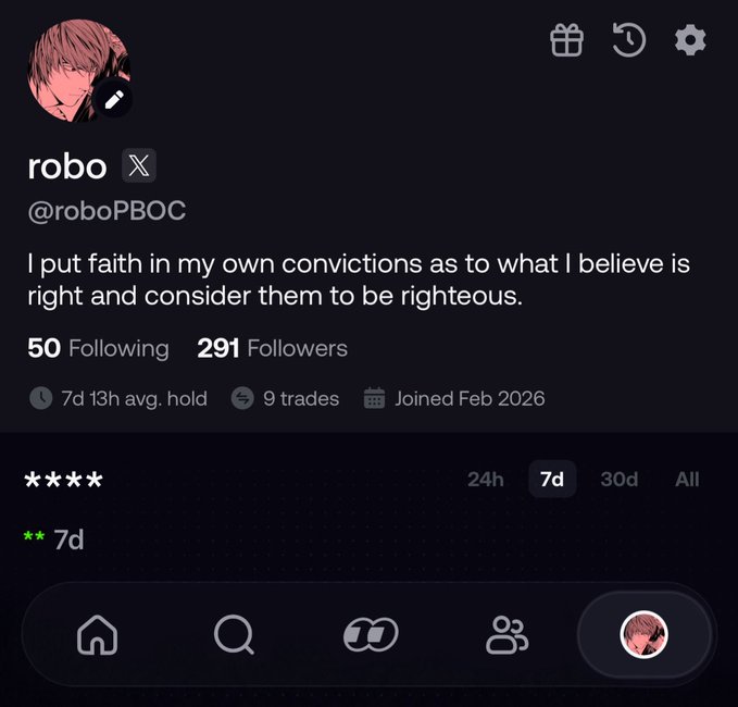 A screenshot of a user profile on the trading platform Fomo, showing the account "robo" (@roboPBOC) with 291 followers and 50 following, a bio stating "I put faith in my own convictions as to what I believe is right and consider them to be righteous," and stats including a 7d 13h average hold, 9 trades, and a joining date of Feb 2026. The post shares this profile to encourage others to follow the user on Fomo.