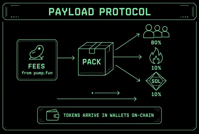 An infographic titled 'PAYLOAD PROTOCOL' shows a flow where 'FEES from pump.fun' go into a 'PACK' and are distributed 80% to users (group icon), 10% to a burn (fire icon), and 10% to 'SOL', with the outcome: 'TOKENS ARRIVE IN WALLETS ON-CHAIN'.