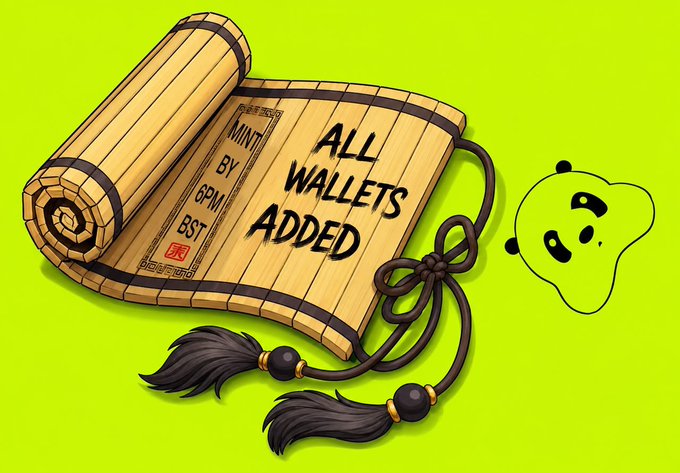 A bamboo scroll unrolled against a bright green background displays the handwritten text "ALL WALLETS ADDED" alongside a "MINT BY 6PM BST" tag, with a small panda-like green mascot peeking out from behind it. The image visually announces the upcoming mint event mentioned in the post, using an Asian-inspired aesthetic with decorative tassels to highlight the rollout of wallet allocations for GENJI NFT holders and collaborators.