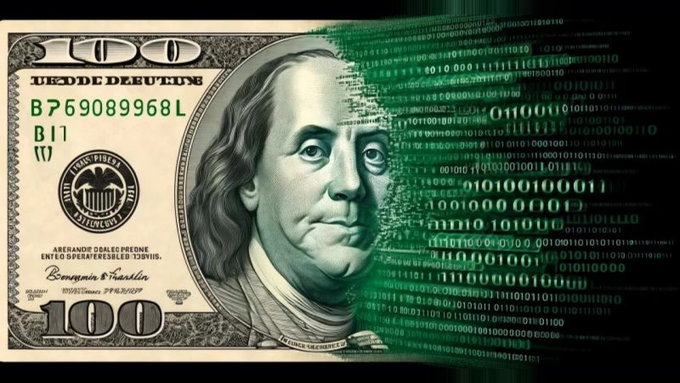 A $100 US bill featuring Benjamin Franklin, with the right side transitioning into a digital green code and binary numbers pattern.