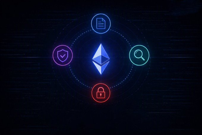 The Ethereum logo sits at the center of a glowing cross-shaped diagram, flanked by four icons representing documents, security shields, search, and a padlock—symbolizing the layers of protection and access points users rely on when interacting with the blockchain. This visual reinforces the post's message about $ETH security vulnerabilities, highlighting how frontends—the user-facing interface layer—can be a weak link even when connections are encrypted.