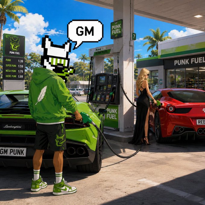 An AI-generated digital artwork of a pixel-art graffiti character at a 'PUNK FUEL' gas station, displaying a speech bubble with 'GM' and standing next to a woman in a black dress pumping gas into a red Ferrari.