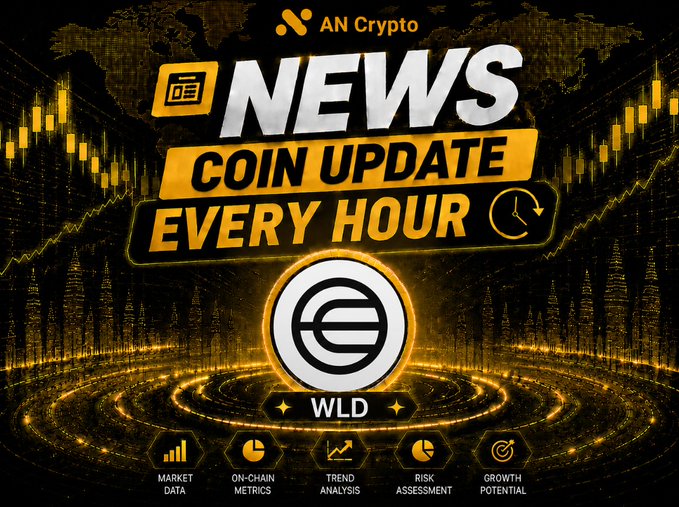A promotional graphic for 'AN Crypto' advertises 'NEWS COIN UPDATE EVERY HOUR' featuring the WLD token logo, with highlights including Market Data, On-Chain Metrics, Trend Analysis, Risk Assessment, and Growth Potential.