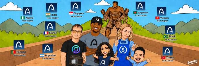 An illustration showing various people with 'A' logo flags representing local chapters in countries like India, Singapore, Vietnam, and Brazil, signed 'Sunny'.