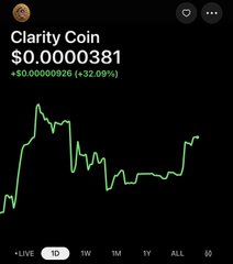 A price chart for 'Clarity Coin' showing a value of $0.00000381 with a +32.09% increase, displayed on a mobile screen with time range options (LIVE, 1D, 1W, 1M, 1Y, ALL).