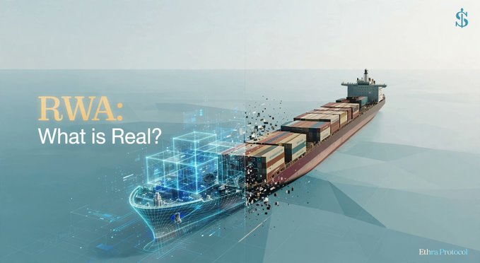 A promotional image showing a cargo ship with digital cube overlays and the text 'RWA: What is Real?' from Elhas Protocol.