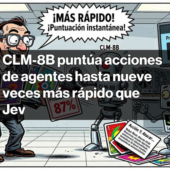 A cartoon illustration showing a sweating man holding playing cards next to a robot labeled 'CLM-8B', with Spanish text overlay reading 'CLM-8B puntúa acciones de agentes hasta nueve veces más rápido que Jev'.