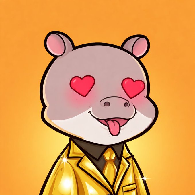 A cartoon hippo character with heart-shaped eyes and its tongue sticking out, wearing a shiny gold suit against an orange background. The image serves as a mascot for the memecoin launch, matching the hyped "PUMP" announcement and its associated Solana contract address.