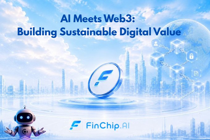 A promotional graphic titled 'AI Meets Web3: Building Sustainable Digital Value' featuring the FinChip.AI logo alongside an illustrated robot and digital globe.
