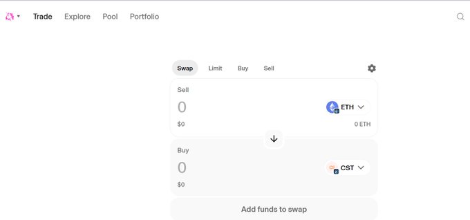 A cryptocurrency trading interface displaying a token swap from ETH to CST on Uniswap, with empty input fields of "0" and "$0", and an "Add funds to swap" button. The image illustrates the post's point about CST now being accessible to anyone through a decentralized exchange, as shown by the Uniswap platform facilitating the ETH-to-CST swap without requiring centralized intermediaries.