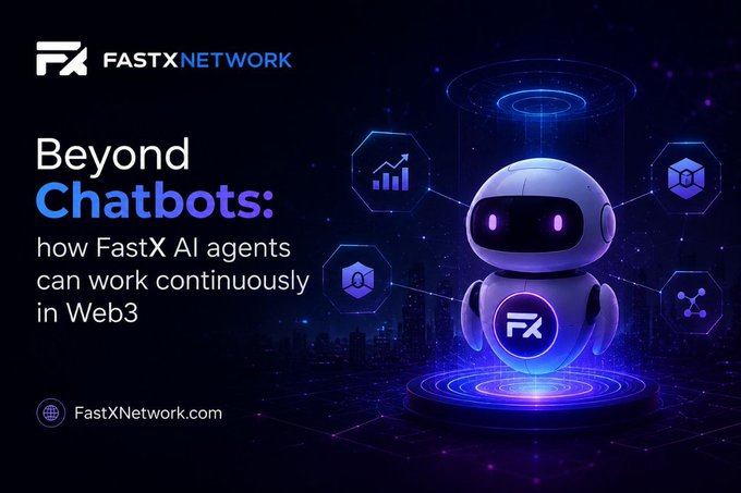A promotional graphic for FastX Network titled 'Beyond Chatbots: how FastX AI agents can work continuously in Web3,' featuring a white robot character with purple eyes.