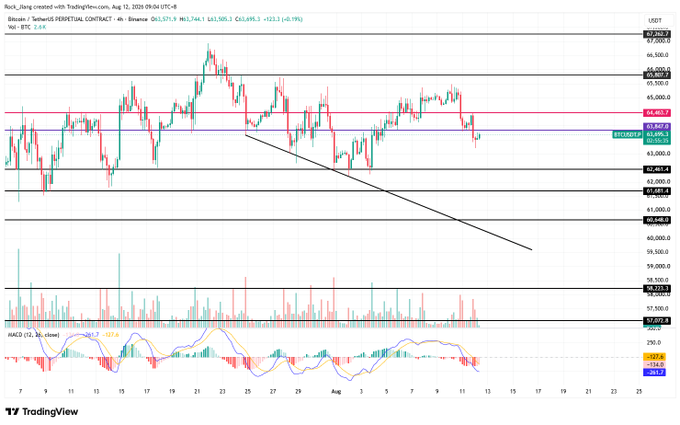 A TradingView chart of Binance BTCUSDT perpetual contract from August 12, 2026, shows Bitcoin's price consolidating around $63,000-$66,400 with a descending trendline, supporting a bearish outlook consistent with the post's call to roll over short positions following three consecutive bearish daily candles. The MACD indicator at the bottom remains below the zero line, reinforcing the bearish momentum highlighted in the market overview.