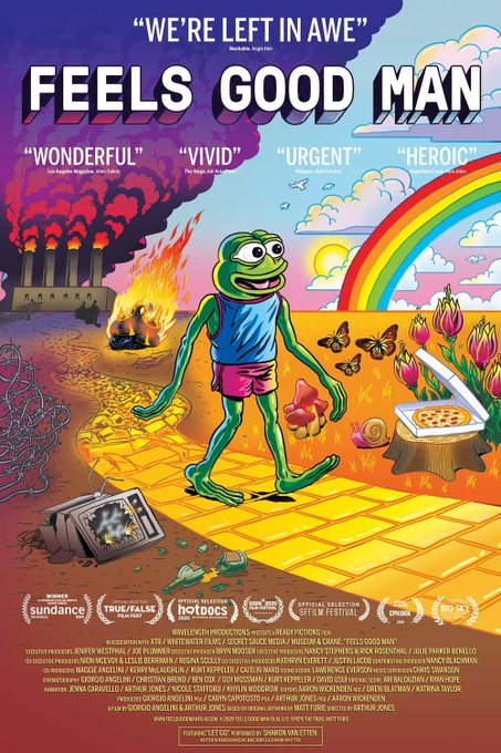 A movie poster for 'FEELS GOOD MAN' featuring the Pepe the Frog character walking a divided path between a dark, burning industrial landscape and a bright, rainbow-filled natural scene, with quotes like 'WE'RE LEFT IN AWE' and festival laurels at the bottom.