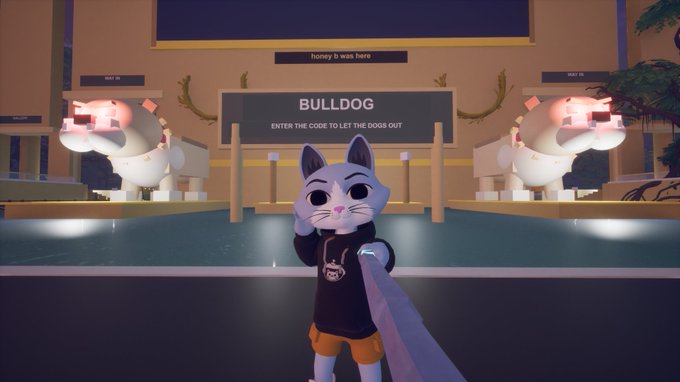 A screenshot from a video game showing an anthropomorphic cat character in a hoodie standing before bulldog statues and a sign reading 'BULLDOG ENTER THE CODE TO LET THE DOGS OUT'.