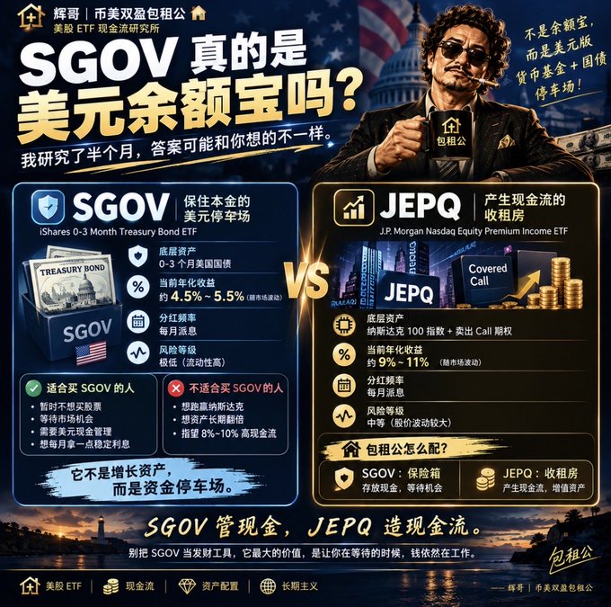 A Chinese financial infographic comparing the iShares 0-3 Month Treasury Bond ETF ($SGOV) with the J.P. Morgan Nasdaq Equity Premium Income ETF ($JEPQ), framing SGOV as a "cash parking lot" with 4.5%-5.5% yields while JEPQ generates 9%-11% income through Nasdaq 100 covered calls. The post explains that while SGOV is often called a "dollar version of Yu'e Bao," it functions more as a temporary parking spot for idle cash rather than a true cash management replacement, whereas JEPQ acts like a "rental property" producing steady income.