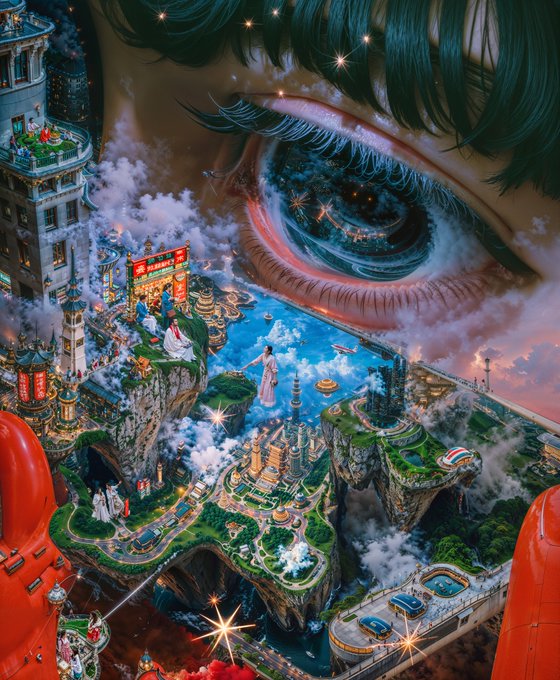 A surreal digital artwork depicting a giant human eye that opens into a fantastical floating city landscape with a river, buildings, and small figures standing on the terrain.
