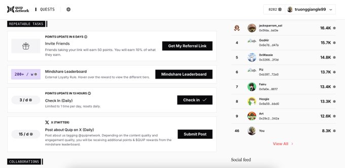 The image shows a screenshot from a Quip network dashboard that displays information about a project called "@quipnetwork". The project has reached the top 50 quest, which means it has gained significant attention and popularity among users. Users can view the project details, including its name, description, and the number of points it has earned. Additionally, there is a social media post on Quip network that mentions Jun 13, 2026 as the date when the project will be screenshot for free. This information suggests that users should prepare to meet the conditions in order to acquire an NFT mint from the project. The image also includes text that provides context about the project and its ranking within the top 50 quests of @quipnetwork.