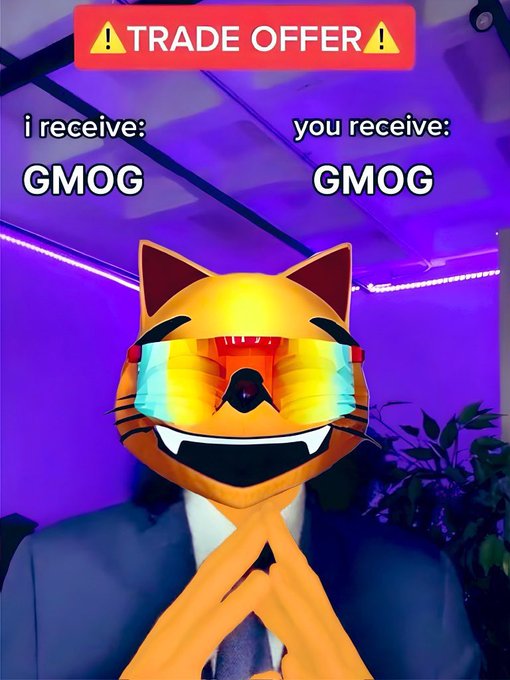 A meme featuring a cat wearing sunglasses and a suit with hands clasped, overlaid with a 'TRADE OFFER' showing 'i receive: GMOG' and 'you receive: GMOG'.