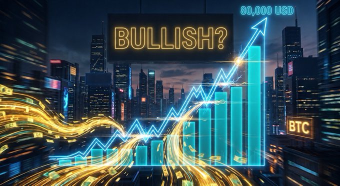A neon-lit cityscape features a glowing bar chart with an upward arrow pointing to "80,000 USD," accompanied by "BULLISH?" and "BTC" signs, symbolizing optimism around Bitcoin's potential price recovery.

The image visually reinforces the post's theme of Pantera Capital's bullish outlook on BTC, with the rising chart and $80,000 price target illustrating the "fundamental" reversal and renewed capital inflows highlighted by Cosmo Jiang.