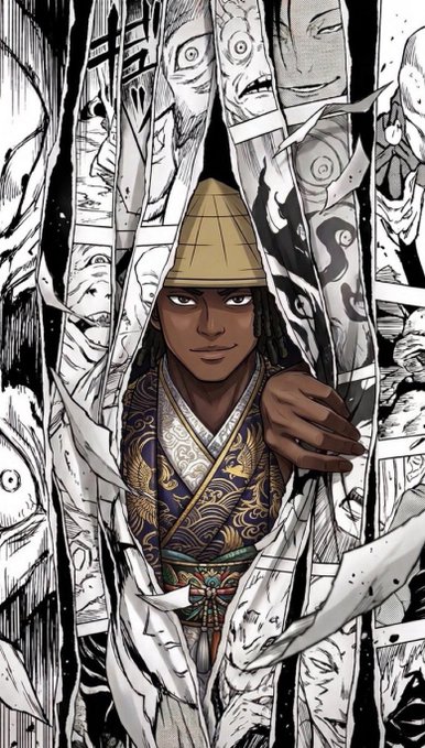 A manga illustration showing a dark-skinned character with long hair wearing a woven conical hat and a blue and gold kimono, surrounded by white paper talismans featuring painted faces and Japanese characters.