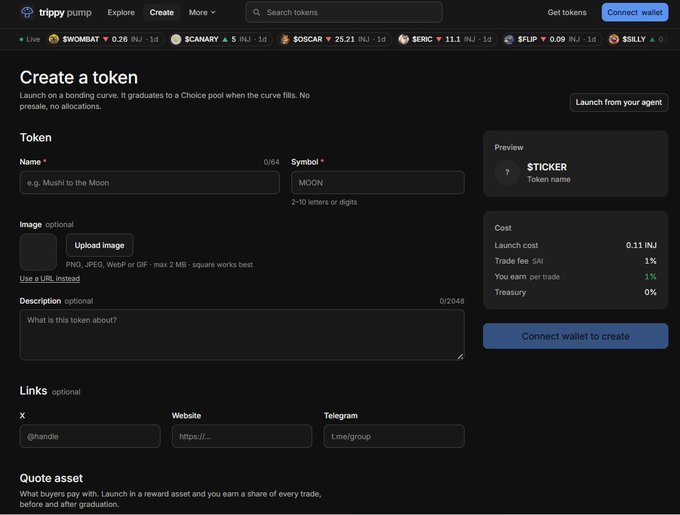 Screenshot of the trippy.pump 'Create a token' page on INJ Chain, showing fields for Name, Symbol, Image, Description, Links, and Quote asset, with a preview showing '$TICKER' and costs including a 0.11 INJ launch cost.