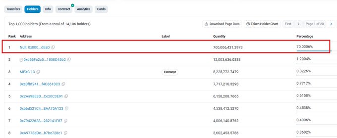 A cryptocurrency token holders page showing the 'Top 1,000 holders', with the number 1 address (a Null address) highlighted, holding 70.0006% of the supply.