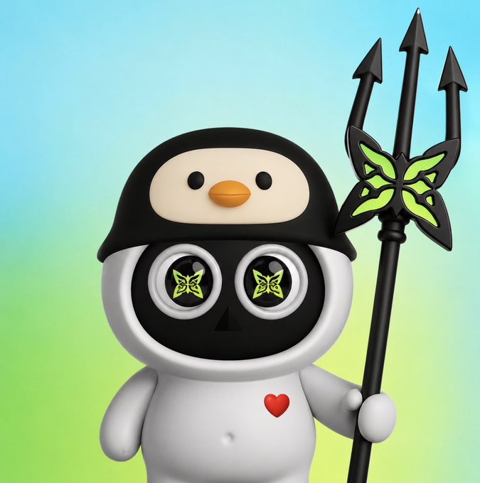 The image features a small white figurine of a penguin wearing a black helmet with green eyes and holding a large black pole with yellow butterflies attached to it, giving the impression that they are flying through the air. The background of the image is a gradient of blue and green colors, which complements the penguin's outfit and adds depth to the scene. The post about Quantum computing emphasizes the importance of accessible and affordable technology for everyone, regardless of their financial status or educational background.