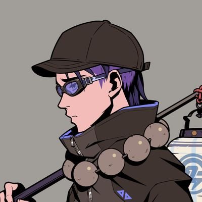 An anime-style illustration depicts a character in profile wearing a black cap, purple sunglasses with heart-shaped lenses, and a dark jacket with large beads, holding a staff.