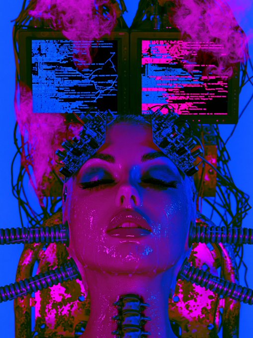 A vibrant cyberpunk-style digital artwork featuring a woman's face bathed in pink and blue neon lighting, with glitchy computer monitors and circuitry extending from her head.