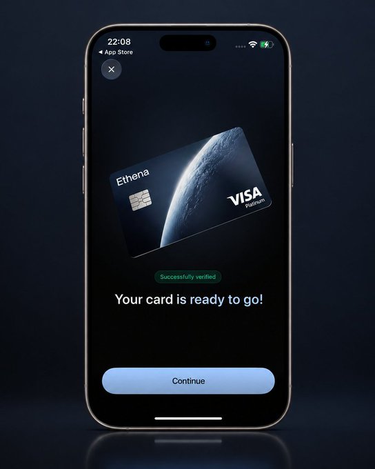 The image shows a smartphone displaying a digital Ethena Pay Visa Platinum card with a "Successfully verified" message and the text "Your card is ready to go!" along with a "Continue" button. This visual complements the post's discussion of Ethena Pay card features by illustrating the card's successful verification and activation within its mobile app interface.