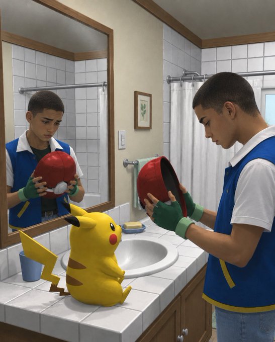 An illustrated scene showing a young man in a blue vest and green gloves washing a red and white Poké Ball at a bathroom sink, while a Pikachu sits on the counter beside him.