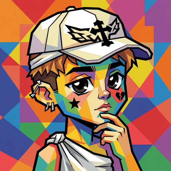 A vibrant pop-art style portrait of a young person wearing a white cap with a black cross/leaf emblem, rendered in colorful geometric shapes with star and broken heart face markings.