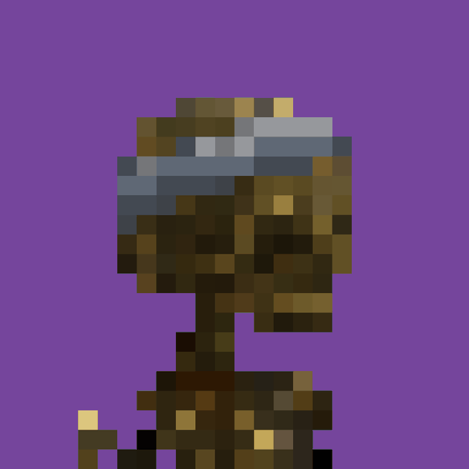 A pixel art image of a character with a blue headband on a purple background, characteristic of Among Us or similar retro-style artwork.