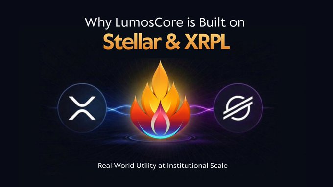 The image features a poster with two logos for LumosCore and XRPL. The LumosCore logo displays a flame symbolizing fire, while the XRPL logo shows a shield symbol representing protection or security. Both logos are placed on a dark blue background. Below these logos, there is text that reads "Why LumosCore is Built on #Stellar & #XRPL". This text provides context to the image and explains why LumosCore was built using these two specific platforms.