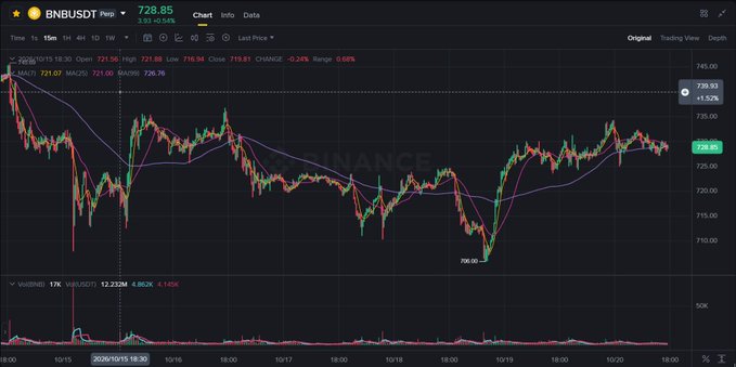 A Binance trading chart for BNBUSDT perpetual showing a price around 728.85, with moving averages and volume data displayed across a 15-minute timeframe on October 19-20.